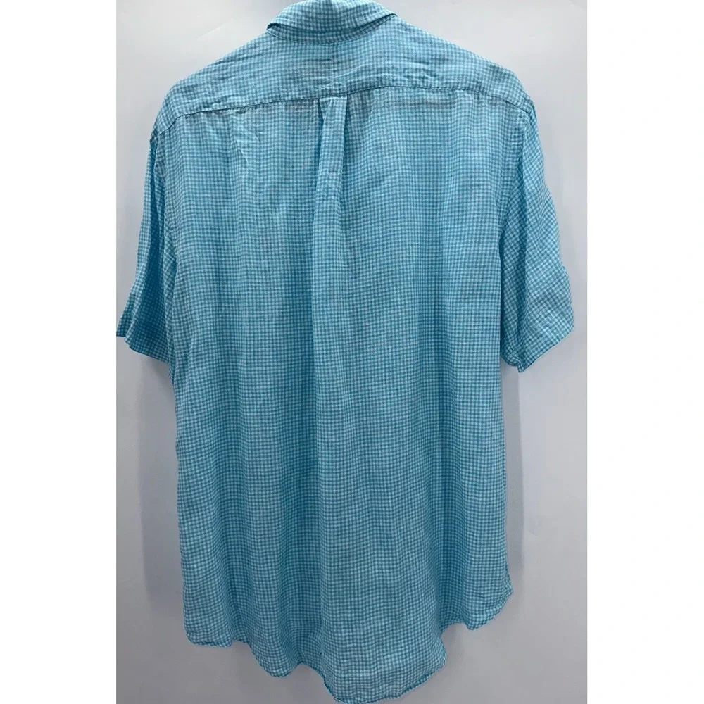 Polo Ralph Lauren Large Light Blue Gingham Check‎ Linen Button Down Short Sleeve
